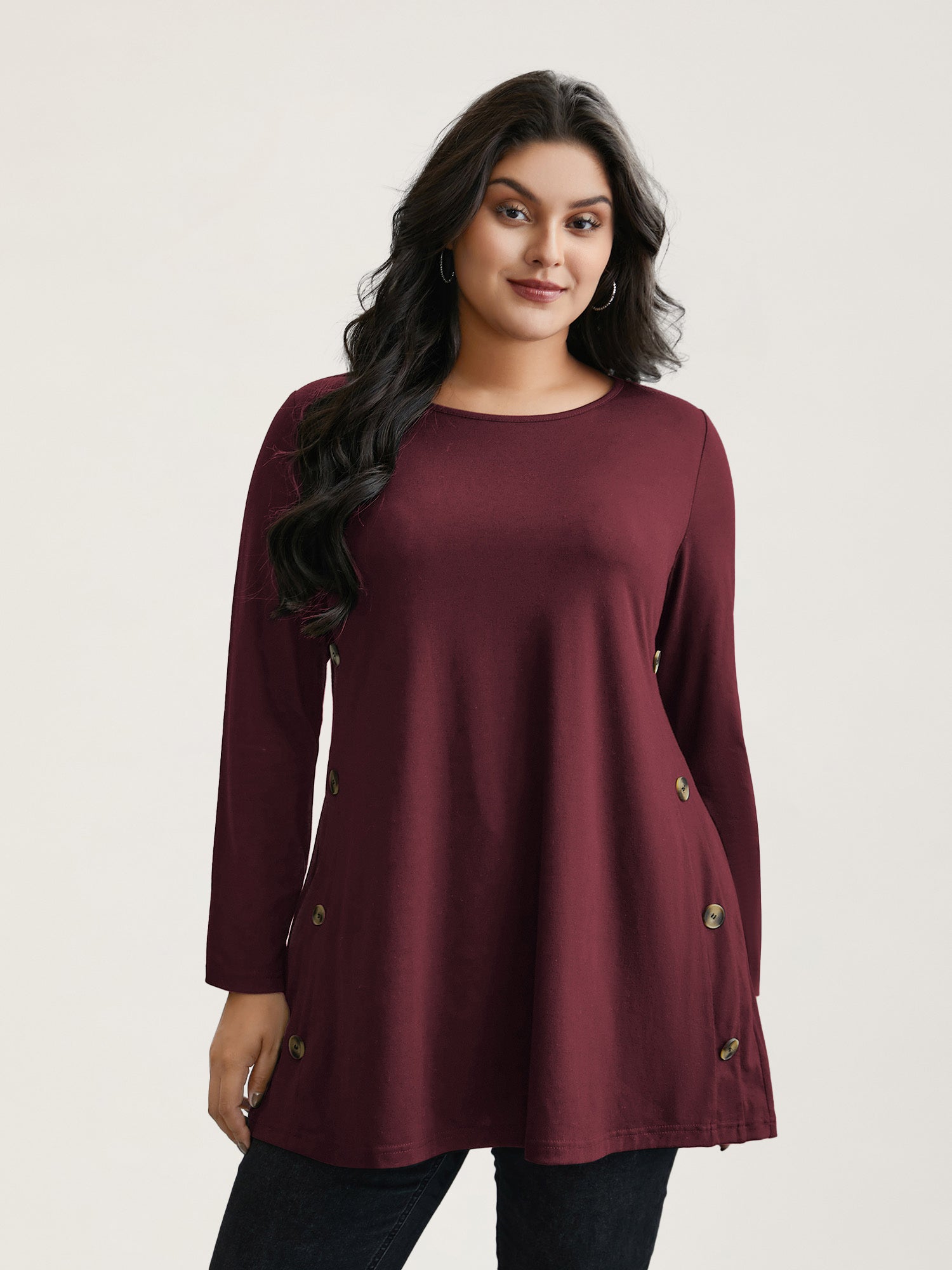 Round Neck Button Slim-Fit Knit Top