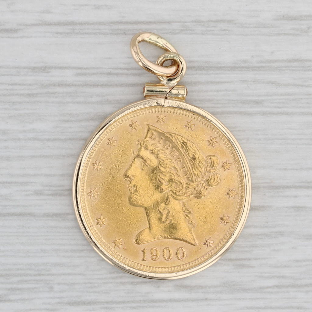 Authentic 1900 Liberty Coin Pendant 900 Coin 14k Bezel 5 Dollar Medallion Charm