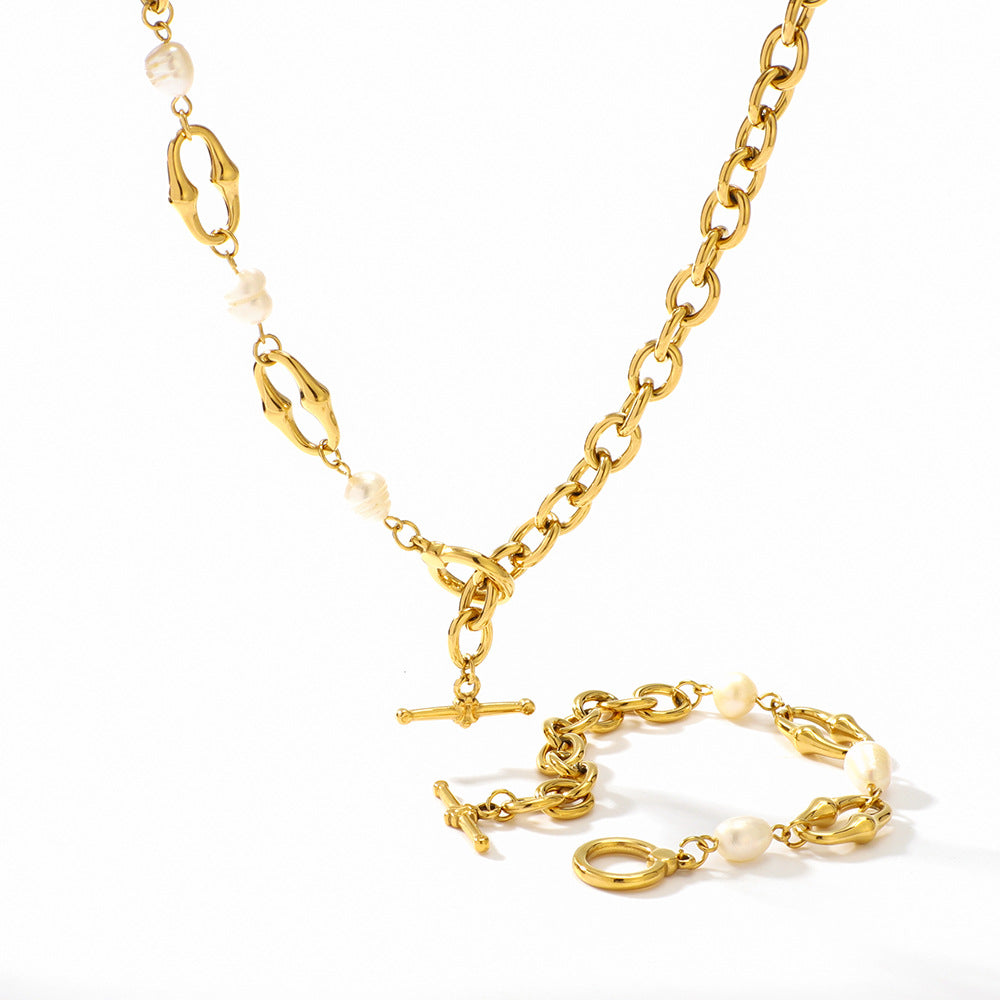 Trendy And Popular Chain Necklace Bracelet Set Stainless Steel Natural Pearl Ot Buckle
