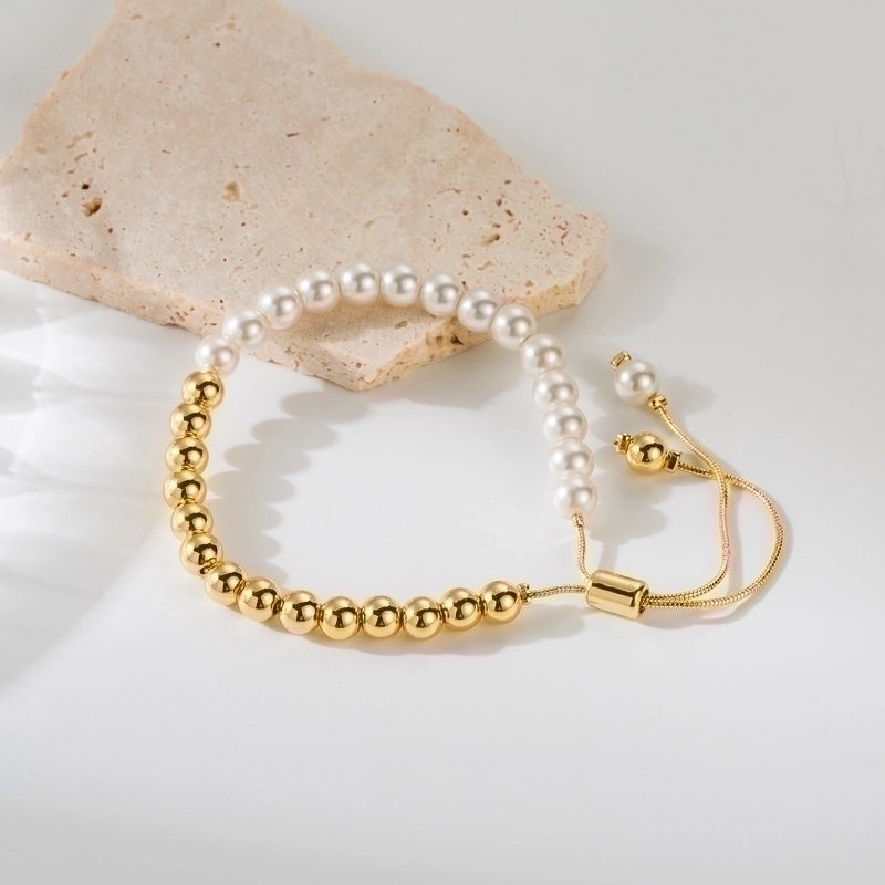 Classic Style Round Imitation Pearl Copper Beaded Patchwork Plating 18k Gold Plated Bracelets