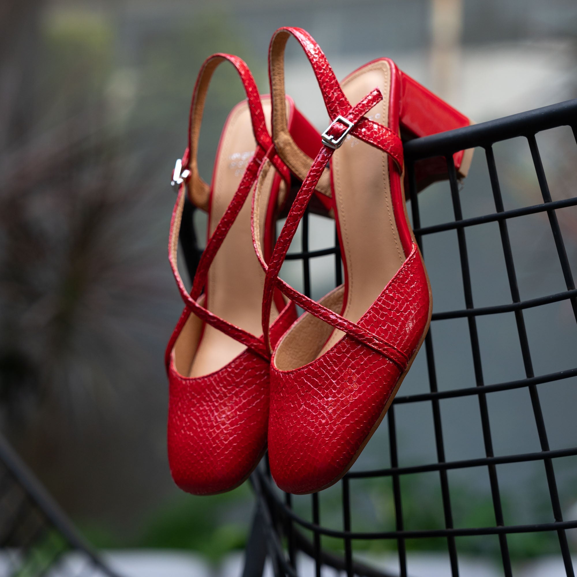 Handmade Leather Pumps Mid Heel X Strap Mary Jane Sandals in Red/Silver/Apricot