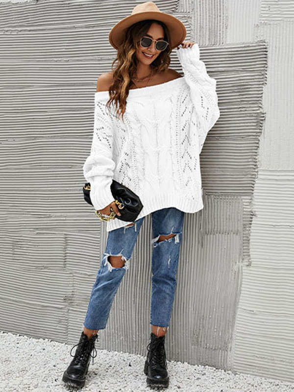 Vintage Long Sleeves Loose Solid Color Off-The-Shoulder Sweater Tops
