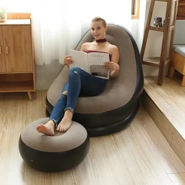 2-IN-1 Inflatable Lounge Sofa Bed Set. Portable Lazy Flocking with Footstool