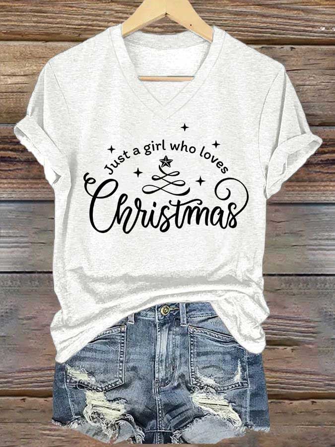 Women's Just A Girl Who Loves Christmas Print Casual V-Neck T-Shirt