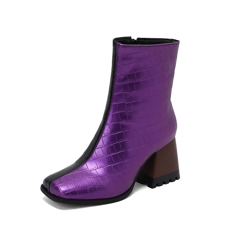 Colorblock Pattern Print Zip Square Toe Chunky Heels Ankle Boots
