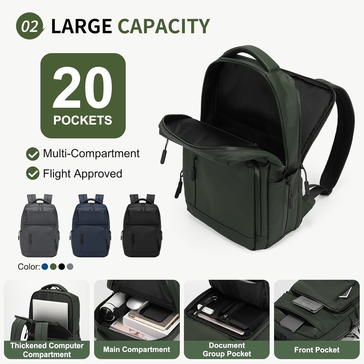 Waterproof Laptop Backpack for Men & Women, Flight Approved Anti-Theft Daypack with 15.6-inch Laptop Sleeve (Black)