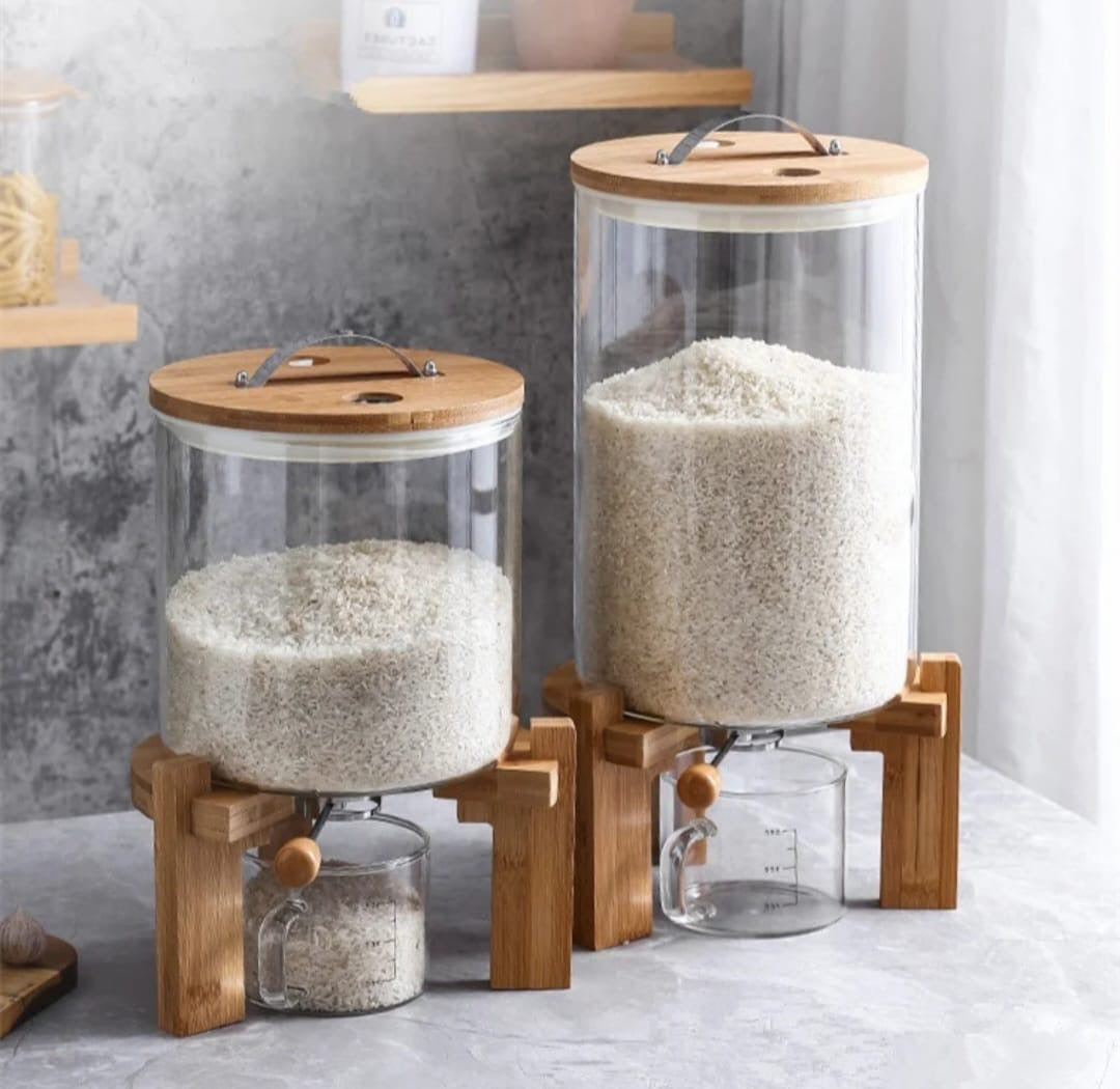Glass Rice Dispenser. Cereal Container with Bamboo Stand. Large Airtight Food Storage Bin. Rice Organization Tank with Measuring Cup for Grain Coffee Beans Dry Food