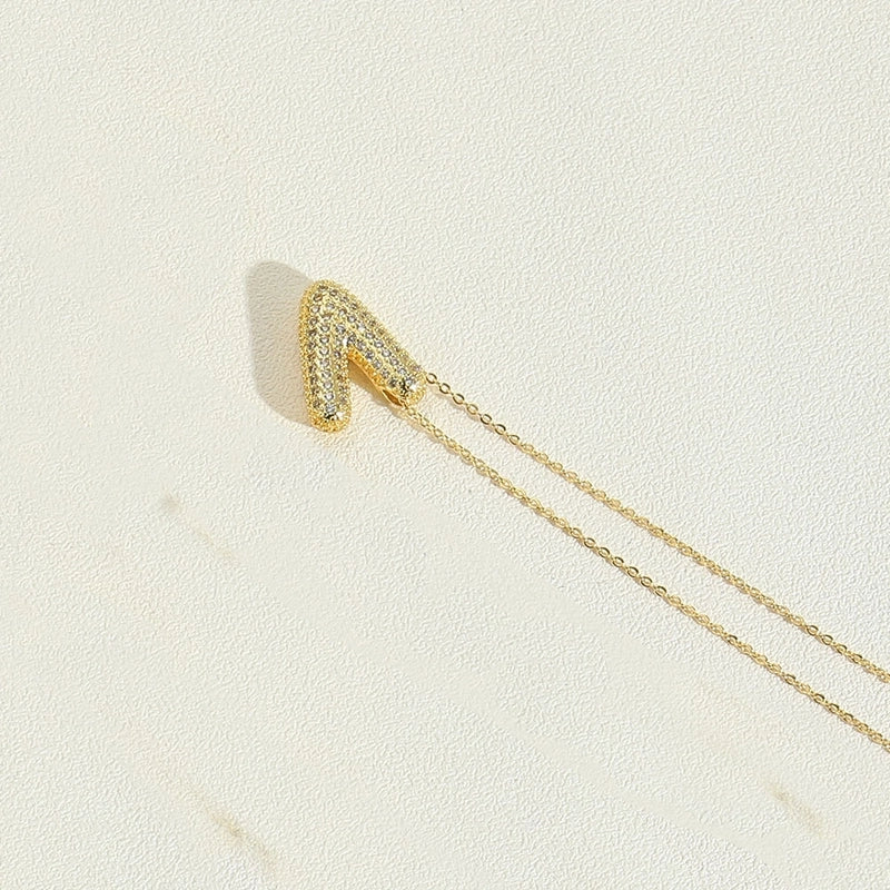 Copper 14K Gold Plated Minimalist Inlay Letter Zircon Pendant Necklace