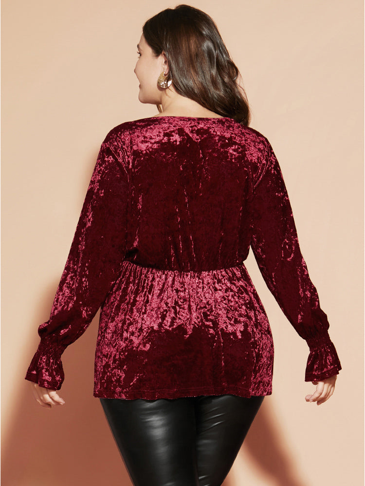 Solid Wrap Lantern Sleeve Lace Trim Velvet Long Tee
