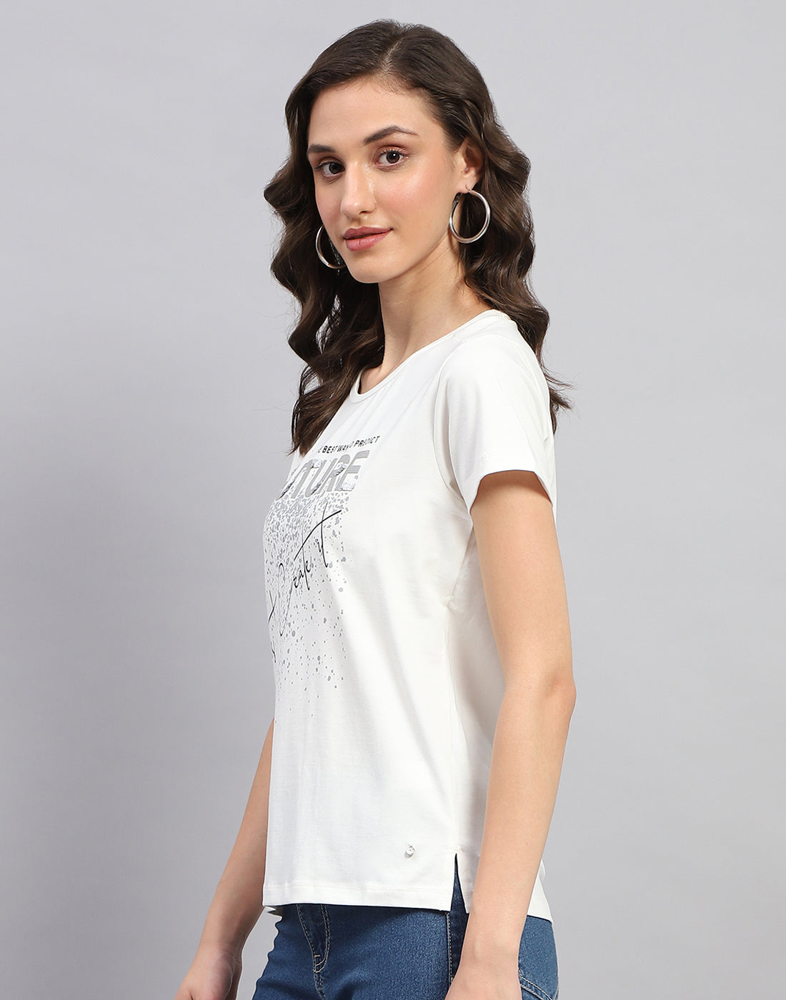 Women White Printed Round Neck Half Sleeve Top