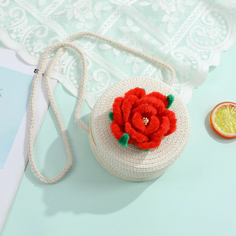 Women's Small Straw Solid Color Flower Vacation Beach Weave Round Zipper Straw Bag