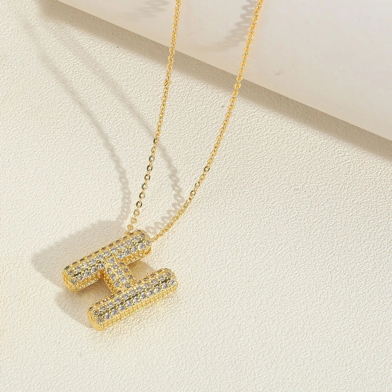 Copper 14K Gold Plated Minimalist Inlay Letter Zircon Pendant Necklace
