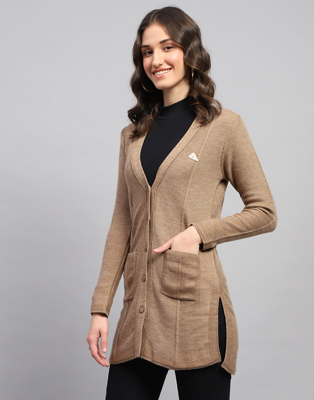 Women Brown Self Design V Neck Full Sleeve Cardigan