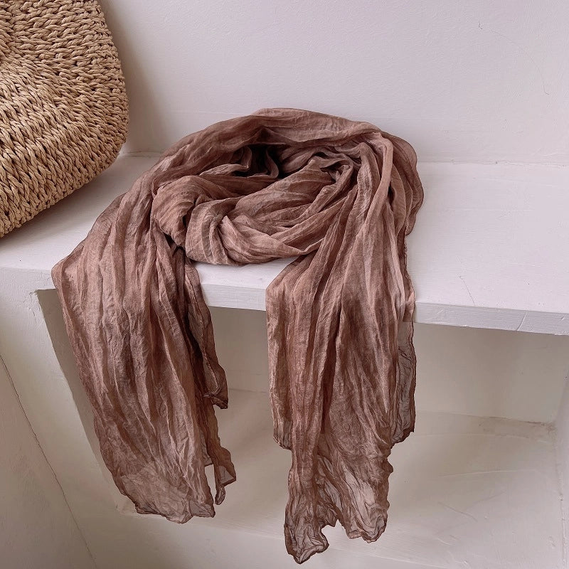 Pleated Retro Silk Scarf Women's Spring And Autumn Artistic Nostalgic Tie-Dye Scarf High-grade Solid Color Decorative Casual Scarf