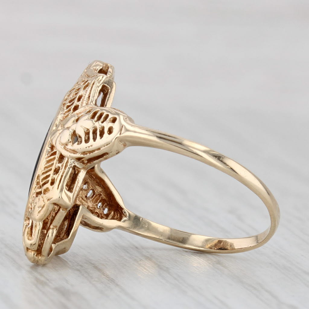 Onyx Navette Cabochon Filigree Ring 10k Yellow Gold Size 7.25