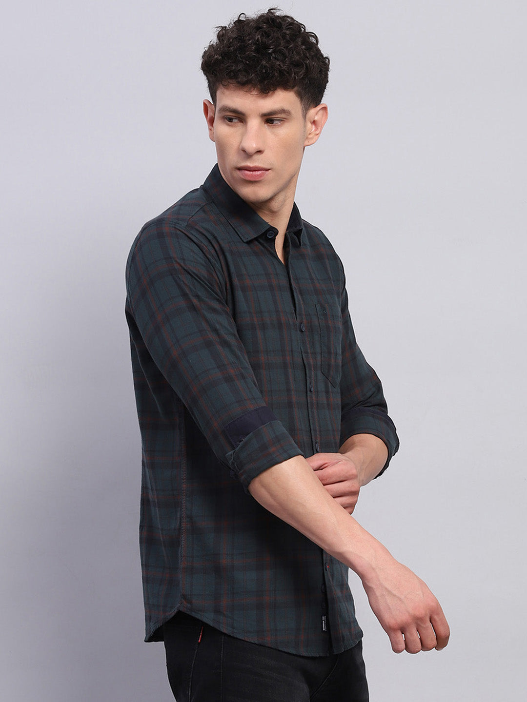 Men Green Check Collar Full Sleeve Shirt