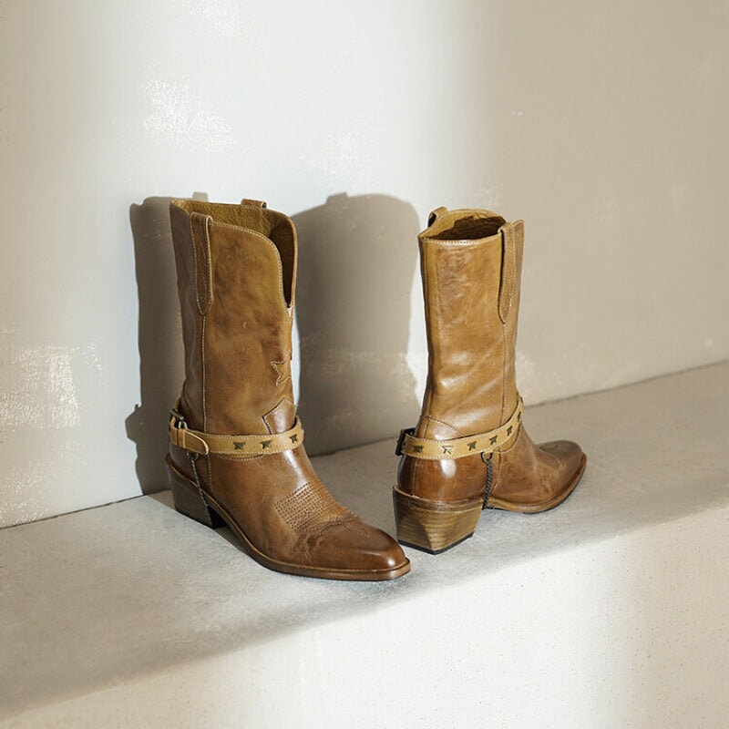 Top Cow Leather Western Boots Mid Calf Boots Block Heel - Khaki/Black Cowgirl Boots