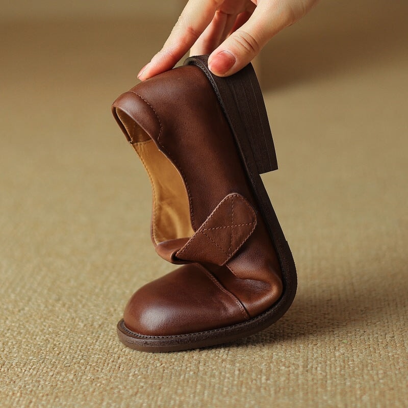 Vintage Leather T-strap Mary Jane Shoes For Women Round Toe in Coffee/Brown