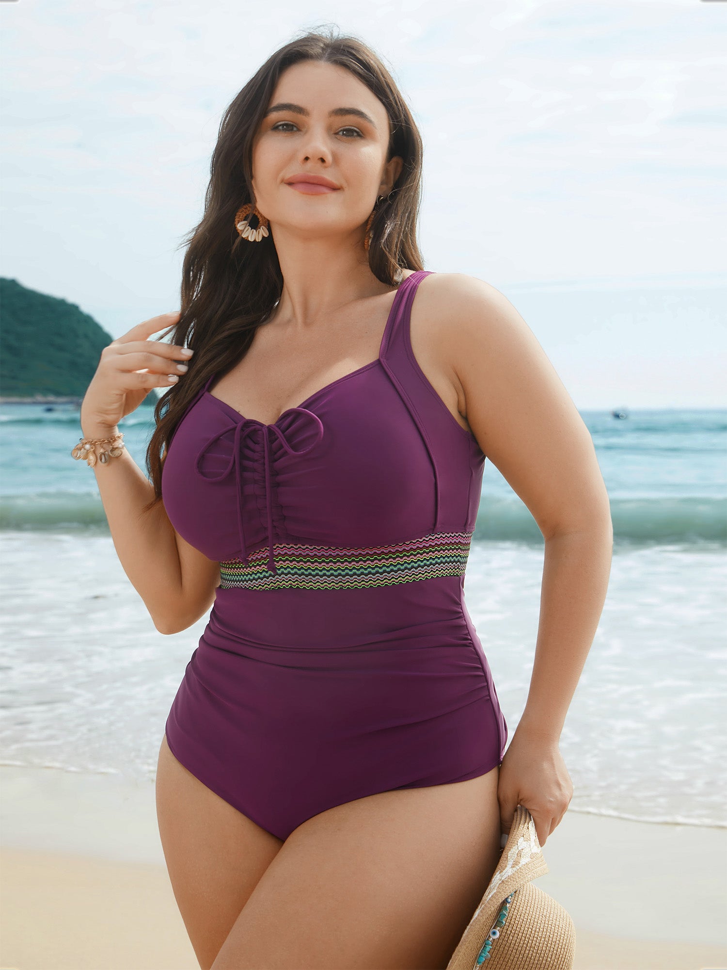 Adjustable Drawstring Ruched Contrast Webbing One-Piece Swimsuit