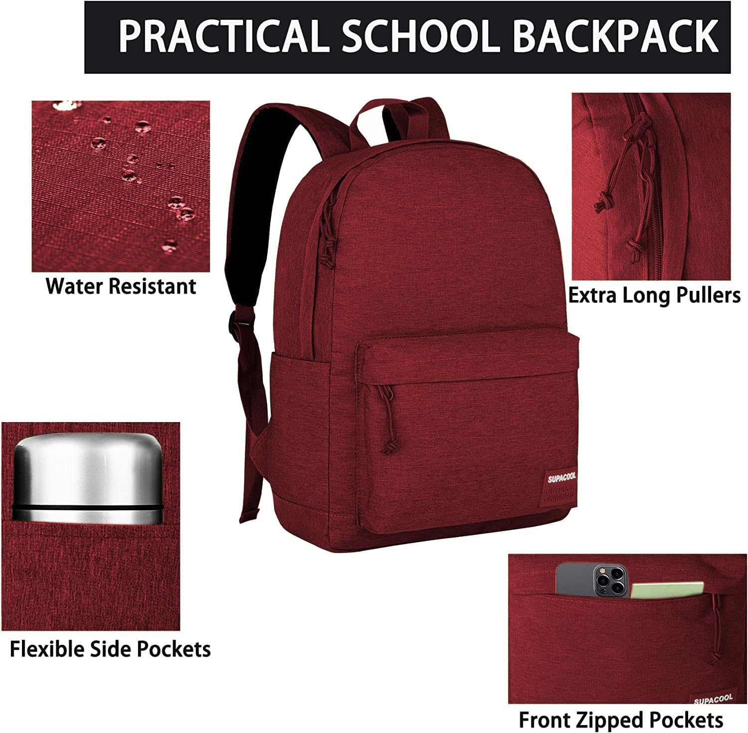 SUPACOOL Casual Laptop Backpack for Men and Women, School Backpack for Boys and Girls, College Bookbag, USB Charging Port, Lightweight Back Pack(Black)