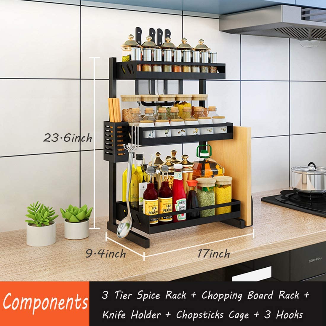 3 Tier Metal Countertop Kitchen Spice Rack Standing Corner Shelf Removable Seasoning Organizer Jars Bottle Storage Knife Utensils Holder with 3 Hooks. Black