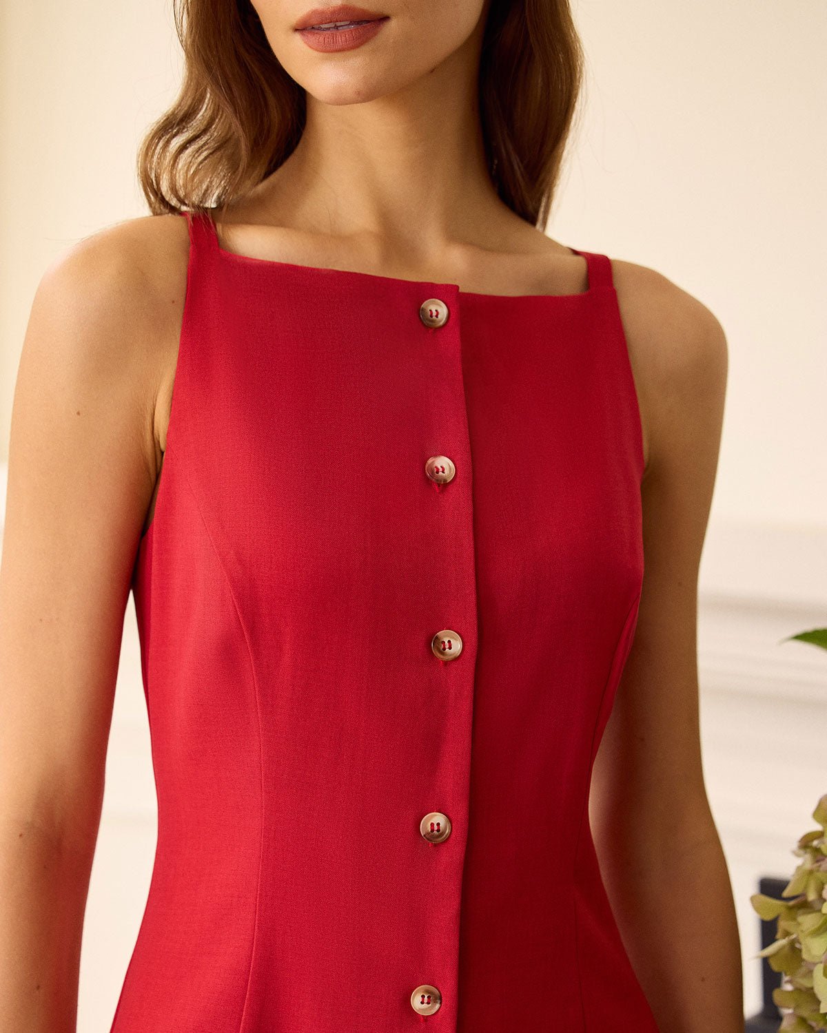 The Red Boat Neck Button Mini Dress