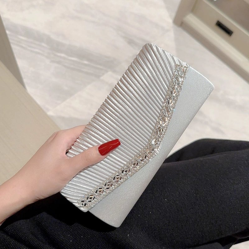 New Evening Bag Fashionable Pleated Clutch With Rhinestone Velvet Simple Dinner Crossbody Women's Bag
