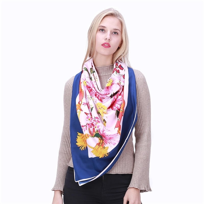 Fashion Imitation Silk Female 130cm Large Square Fringed Floral Print Shawl Scarf