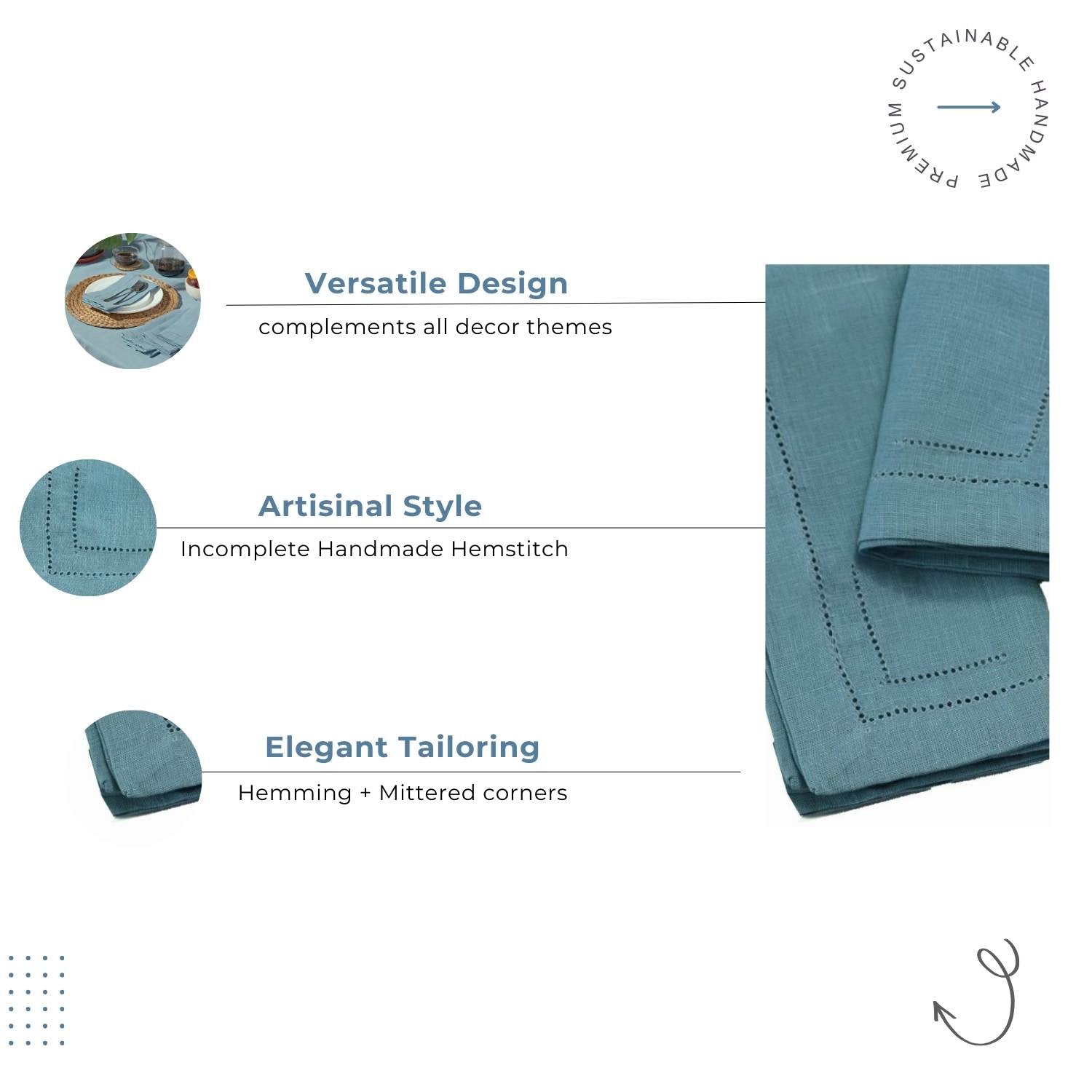Dusty Blue 100% Linen Incomplete Hemstitch Napkins