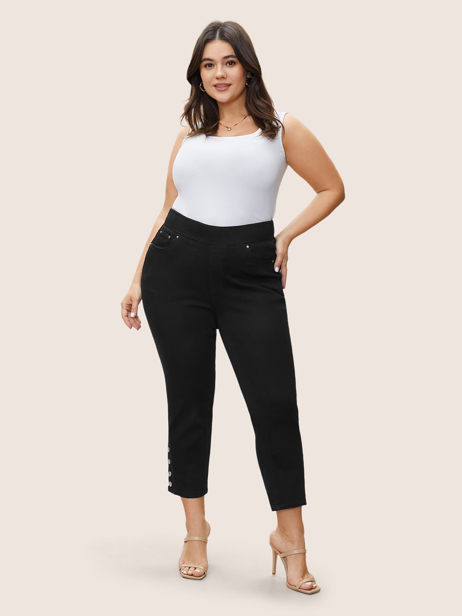 Black Wash Button Detail Elastic Wais Slim Jeans