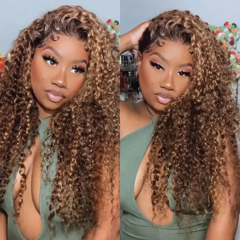 🔥Water Wave Highlight Ombre Color Invisi Strap Snug Fit 360 Skin Lace Frontal Wig Glueless Human Hair