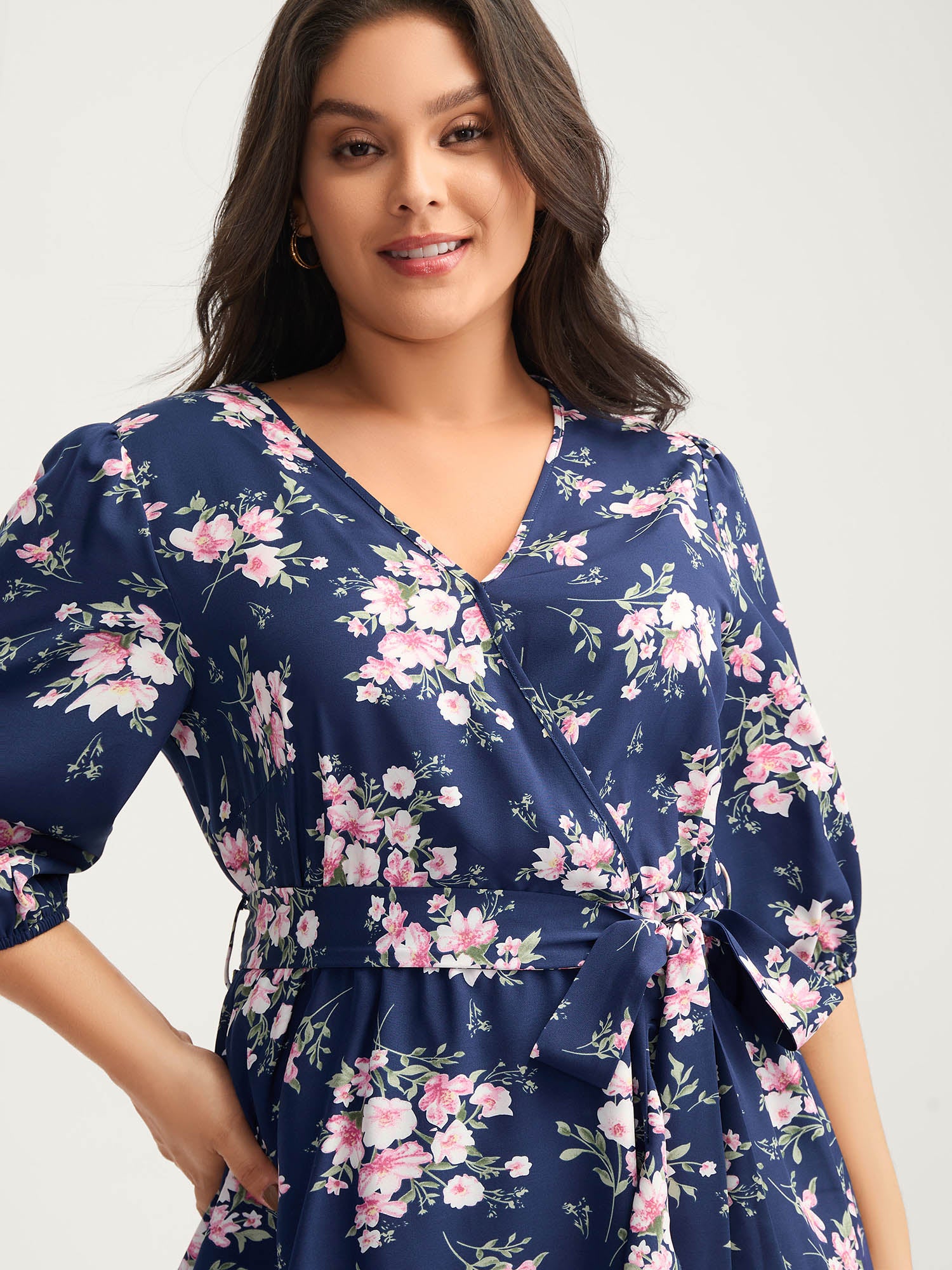 Floral Print Belted Wrap Hem Midi Dress