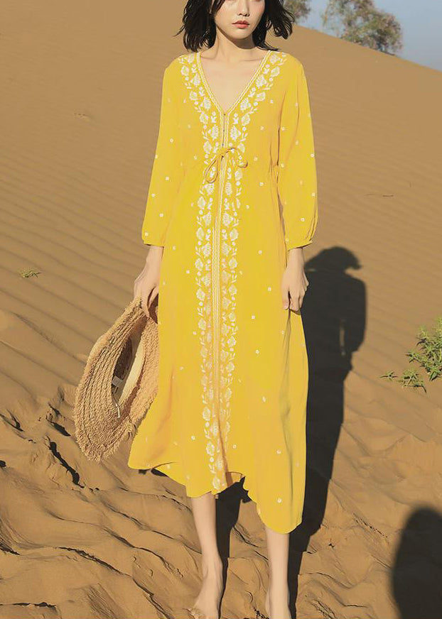 Beautiful Yellow Embroidered Lace Up Cotton Long Dresses Bracelet Sleeve