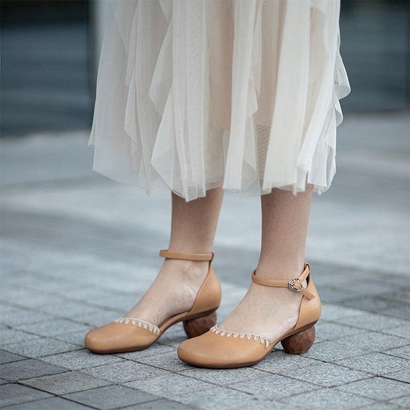Handmade Woven Leather Sandals Closed Toe 58mm Cylinder Heel Shoes with Ankle Strap in Yellow Brown/Coffee