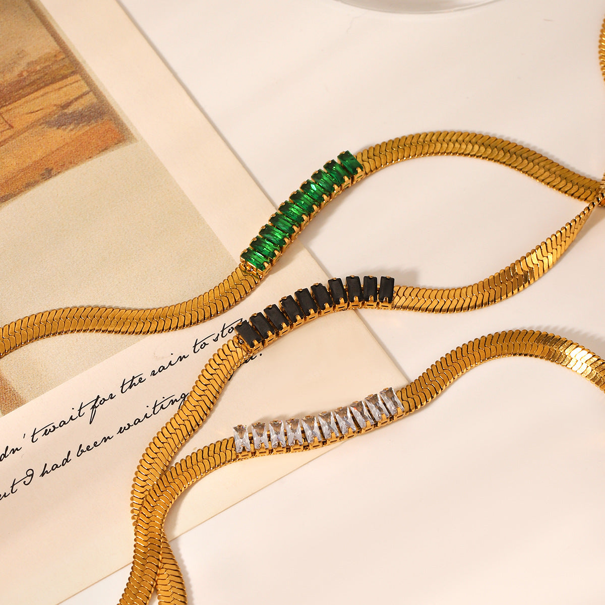 18K Gold Stainless Steel Blade Chain Inlaid Zircon Necklace Flat Snake Chain Titanium Steel Clavicle Chain