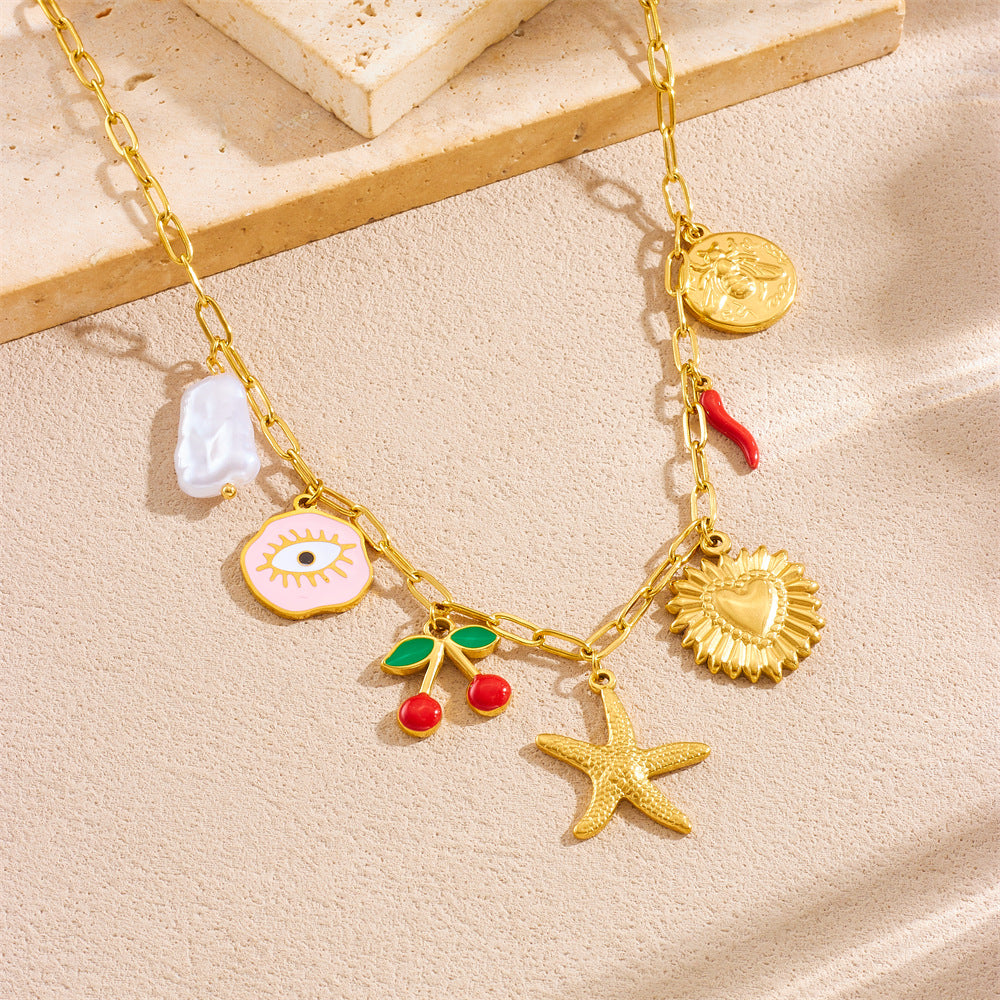 Fashion Cartoon Fruit Cherry Oil Drop Pendant Love Eyes Starfish Stainless Steel Chain Women'S Necklace