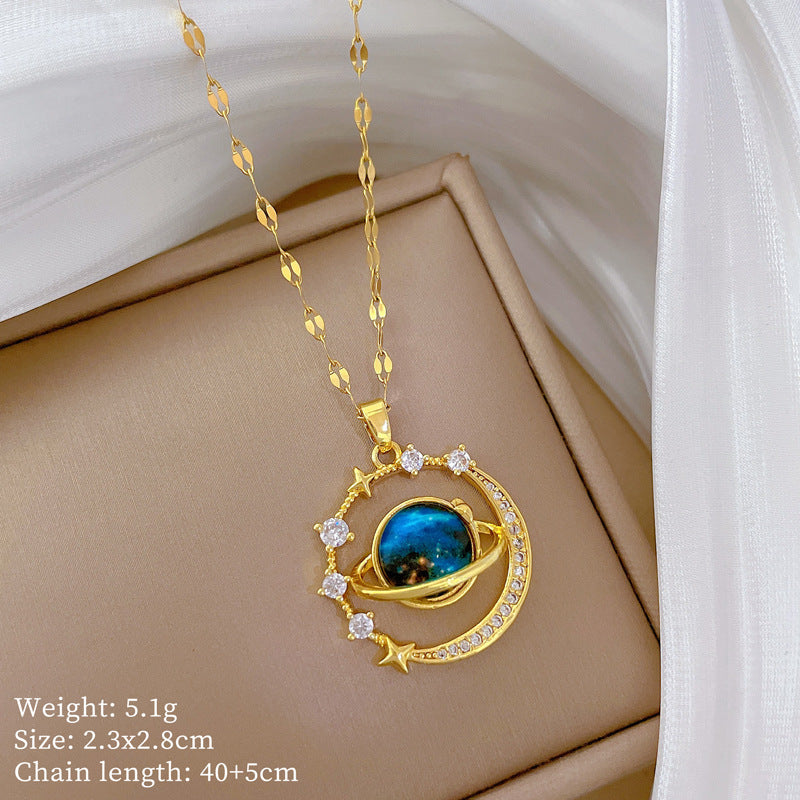 Starry Sky Stars Moon Full Diamond Gorgeous Full Diamond Necklace Female Versatile Clavicle Chain Titanium Steel