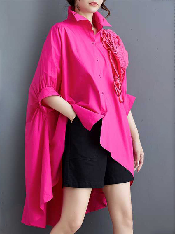 Batwing Sleeves Half Sleeves Asymmetric Buttoned Pleated Solid Color Three-Dimensional Flower Lapel Blouses&Shirts Tops