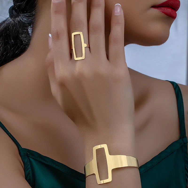 Adjustable Geometric Rectangle Bracelet and Ring Set