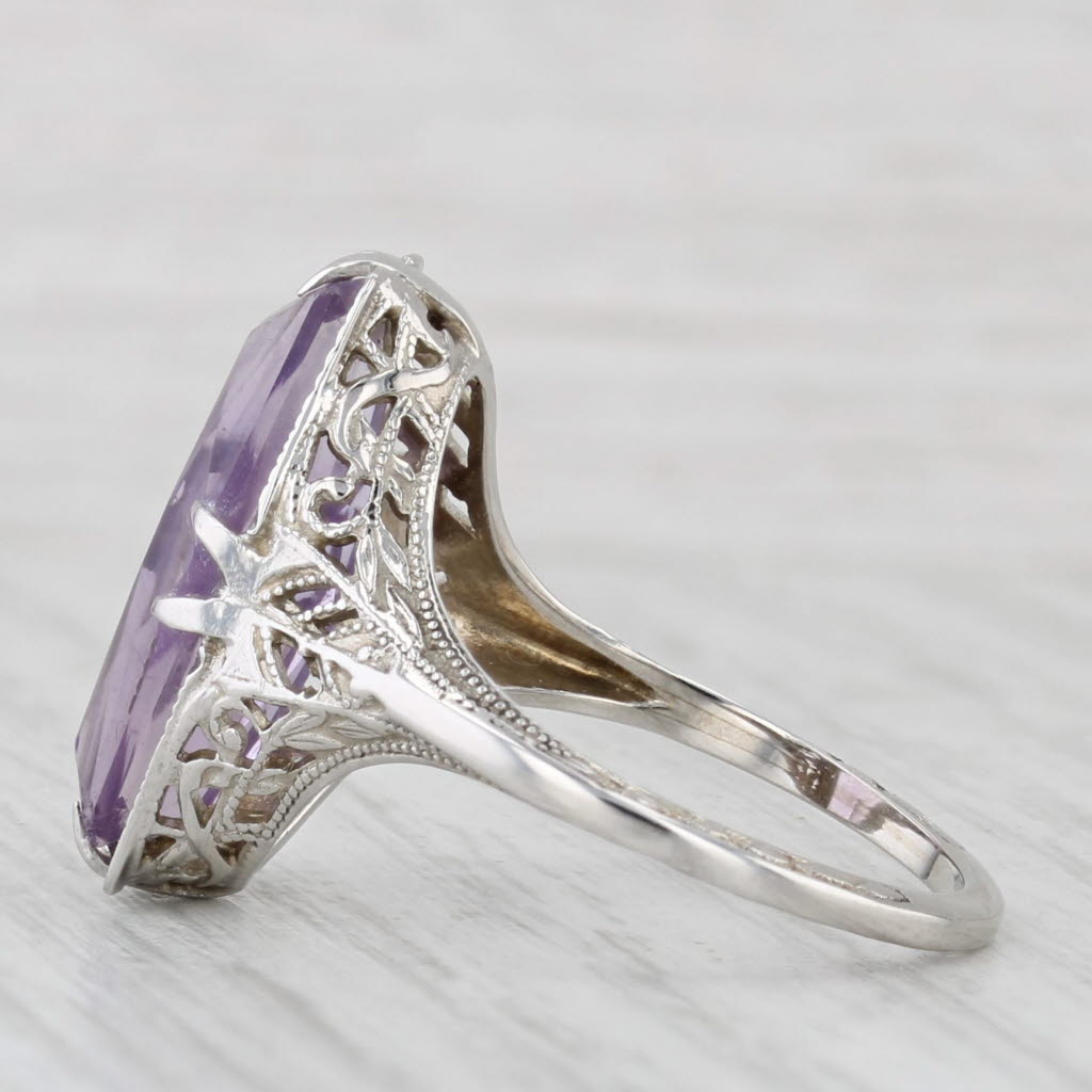 Vintage Amethyst Solitaire Ring 14k White Gold Filigree Size 6.5