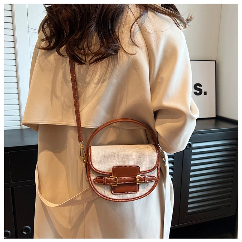 Women's Small Pu Leather Color Block Streetwear Square Magnetic Buckle Saddle Bag
