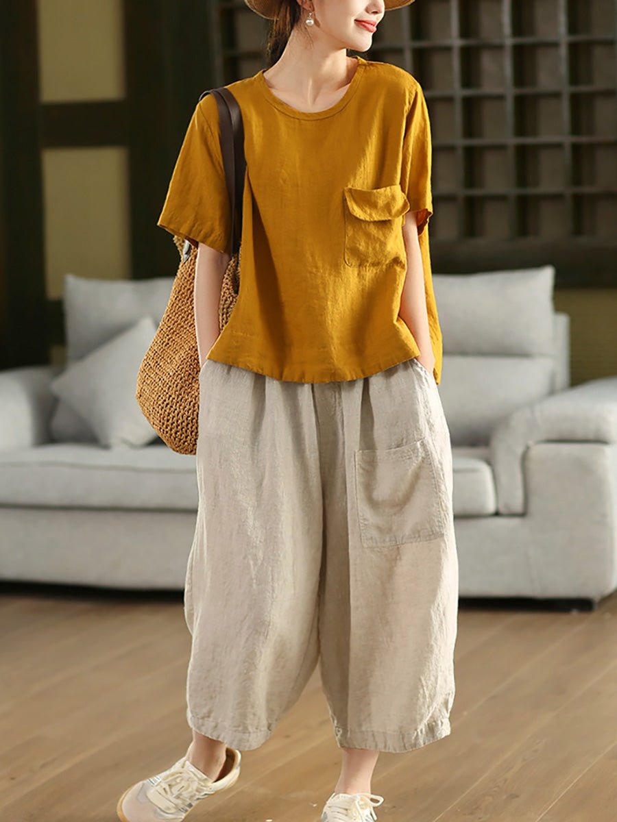 Women Summer Artsy Pure Color 100%Linen O-Neck Shirt
