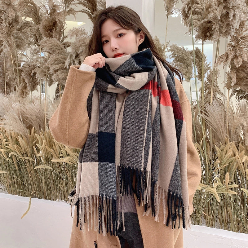 Scarf Women's Winter New Plaid Printed Tassel Imitation Cashmere Scarf Fashionable Mid-length Warm Shawl Scarf