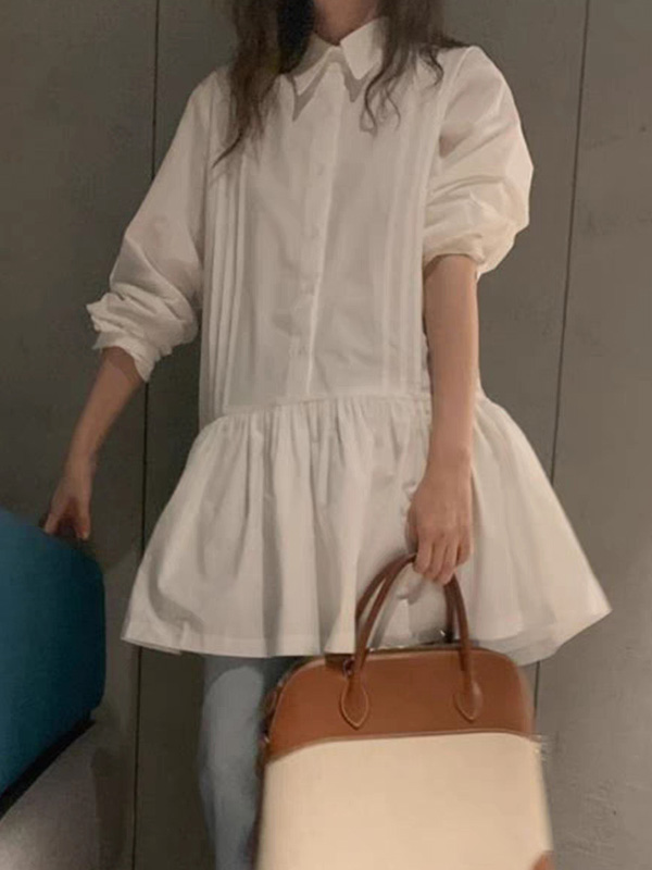 A-Line Long Sleeves Buttoned Pleated Solid Color Lapel Mini Dresses Shirt Dress
