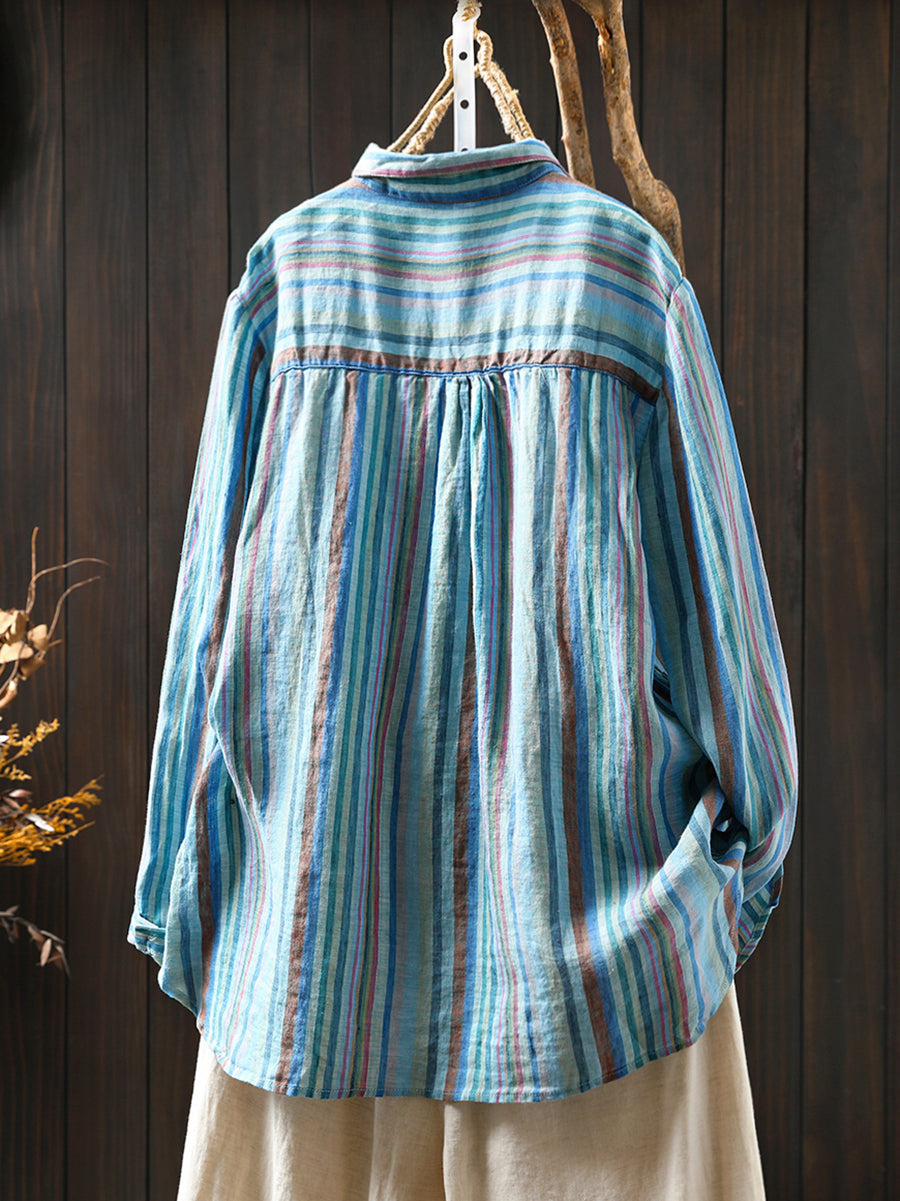 Women Summer Artsy Colorful Stripe 100%Linen Shirt