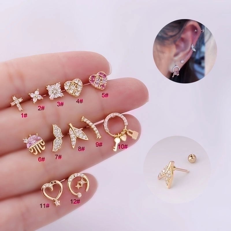 1 Pair Ear Cartilage Rings & Studs Sweet Geometric 316L Stainless Steel  Copper Zircon