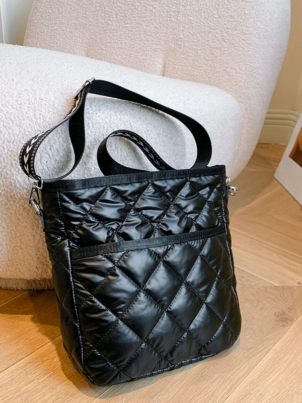 Women's Pu Leather Lingge Vintage Style Sewing Thread Bucket Zipper Shoulder Bag