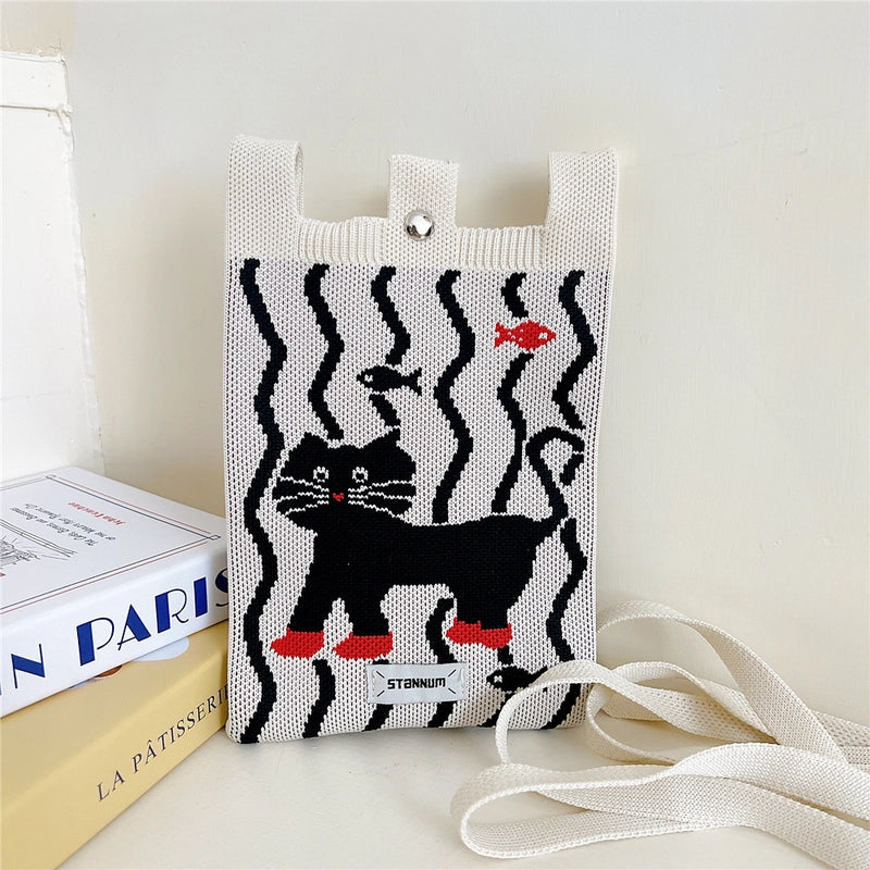 Women's Small Knit Cartoon Cute Bucket Lock Clasp Phone Wallets