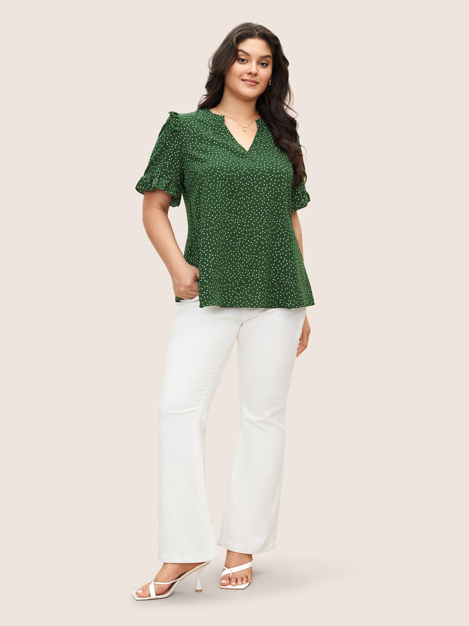 Polka Dot V Neck Ruffle Trim Blouse