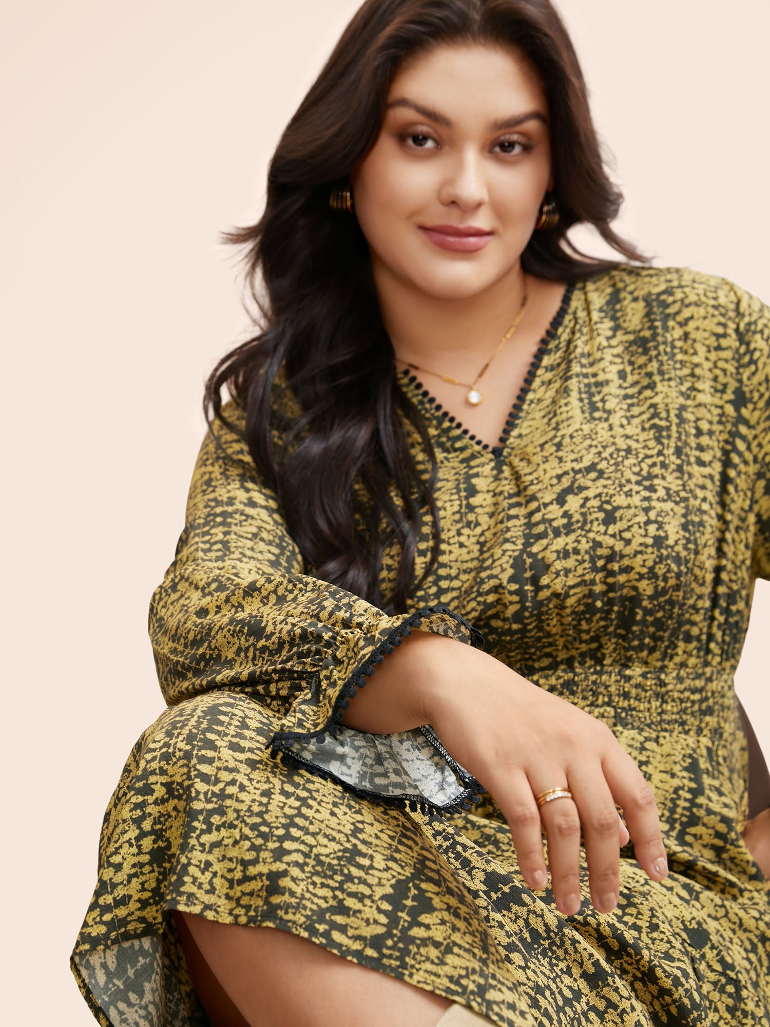 Geometric Print Pompom Trim Ruffles Dress